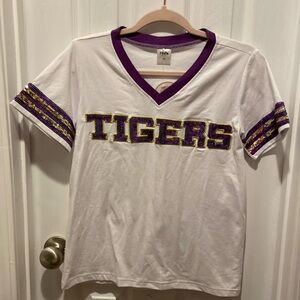 NWT Little Loves Boutique Tigers Purple & Gold Sequin White Gameday Top